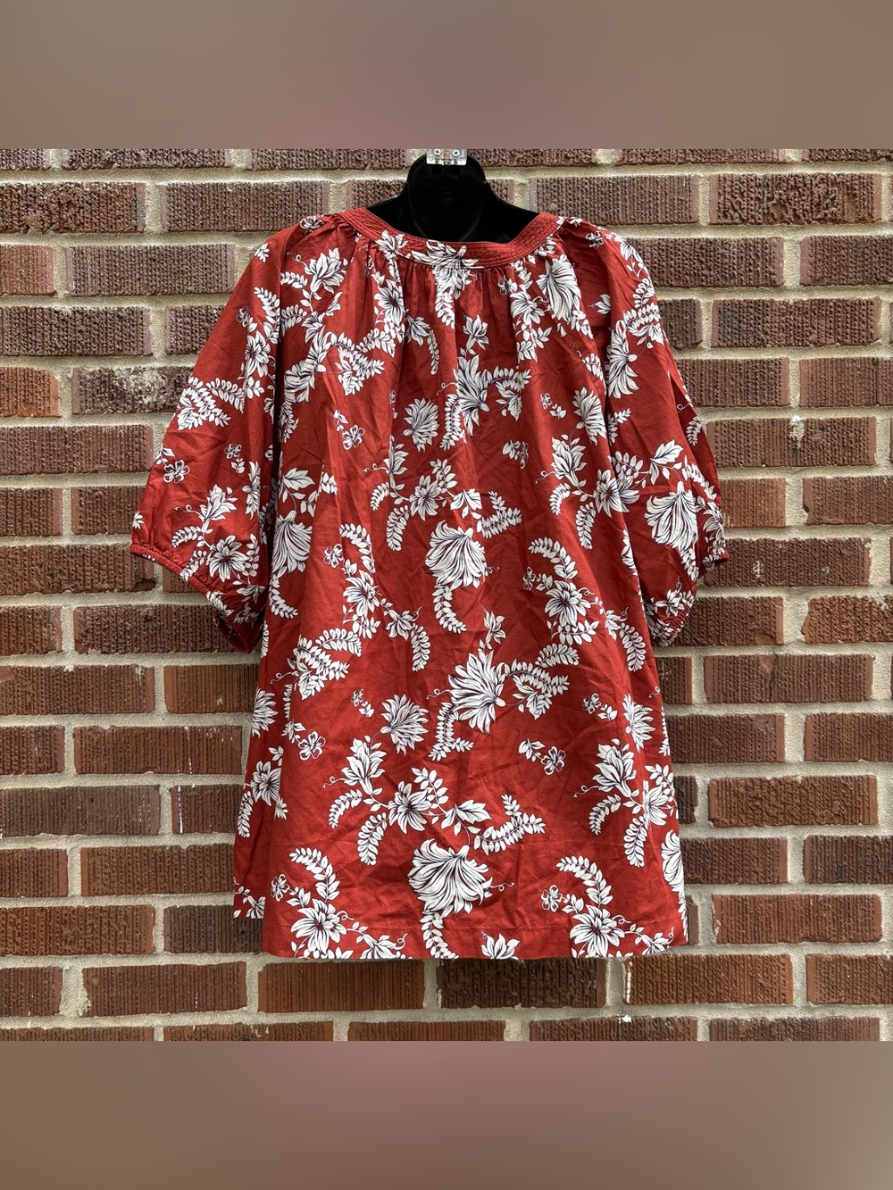 Lane Bryant Sz 22 Rust Floral Cotton Classic Raglan Elbow Sleeve Tie Neck Top - Picture 2 of 10